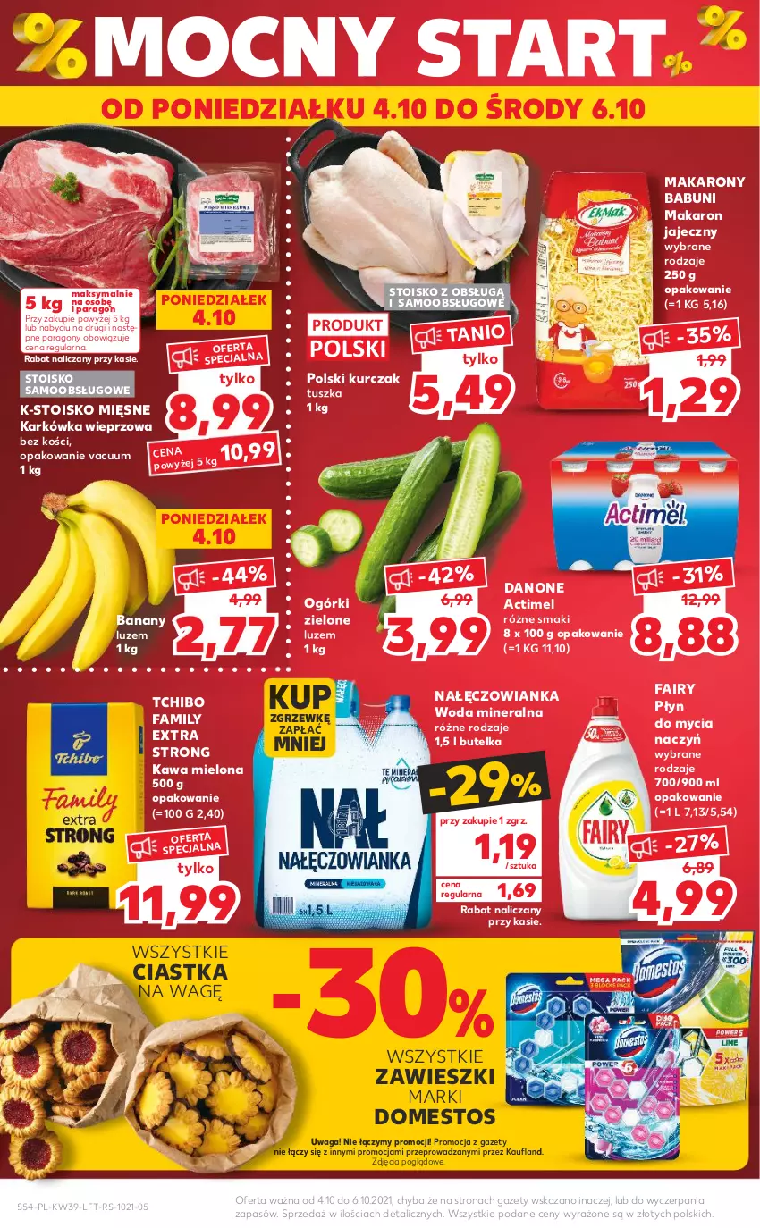 Gazetka promocyjna Kaufland - OFERTA TYGODNIA - ważna 30.09 do 06.10.2021 - strona 54 - produkty: Actimel, Babuni, Banany, Ciastka, Danone, Do mycia naczyń, Domestos, Fa, Fairy, Karkówka wieprzowa, Kawa, Kawa mielona, Kurczak, Makaron, Nałęczowianka, Płyn do mycia, Płyn do mycia naczyń, Tchibo, Tchibo Family, Tusz, Waga, Woda, Woda mineralna, Zawieszki