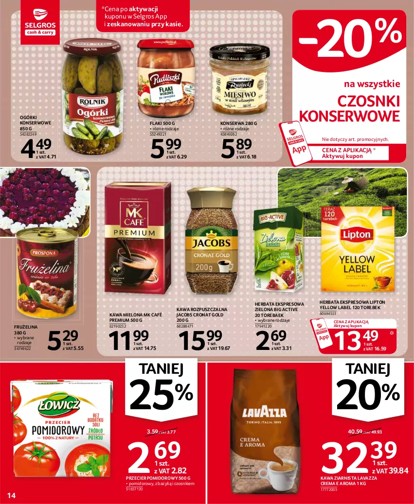 Gazetka promocyjna Selgros - Oferta spożywcza - ważna 21.01 do 03.02.2021 - strona 14 - produkty: Bazyl, Flaki, Frużelina, Herbata, Jacobs, Kawa, Kawa mielona, Kawa rozpuszczalna, Kawa ziarnista, Lavazza, LG, Lipton, Ogórki konserwowe, Ser