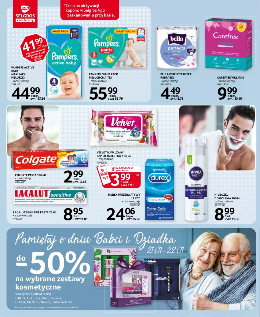 Gazetka promocyjna Selgros - Oferta spożywcza - ważna 21.01 do 03.02.2021 - strona 24 - produkty: Bell, Bella, Carefree, Colgate, Dove, Durex, Gillette, L’Oréal, Lacalut, LG, Majtki, Nawilżany papier, Nivea, Old Spice, Pampers, Pantene, Papier, Papier toaletowy, Perfecta, Pieluchomajtki, Podpaski, Prezerwatyw, Str8, Velvet, Wkładki