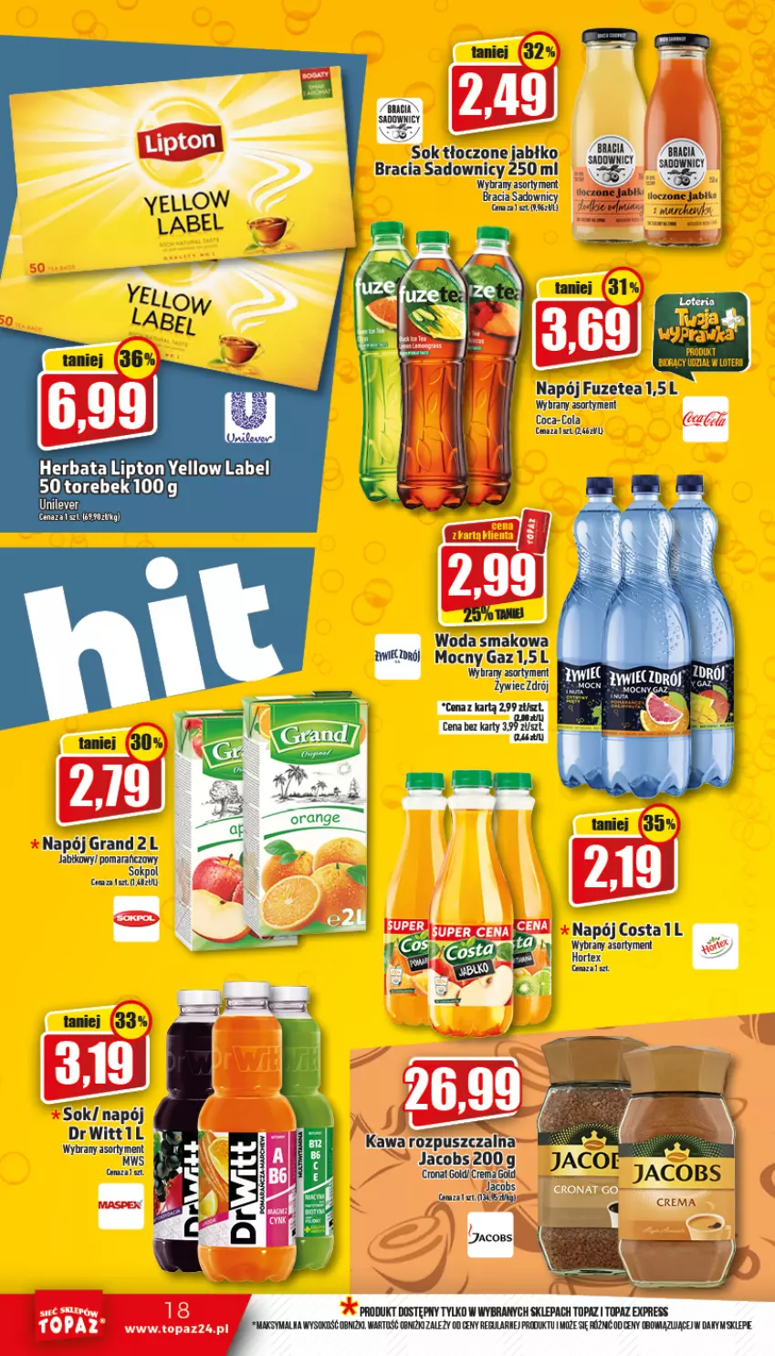 Gazetka promocyjna Topaz - Gazetka - ważna 29.09 do 05.10.2022 - strona 18 - produkty: Coca-Cola, Gra, Herbata, Jacobs, Kawa, Kawa rozpuszczalna, LG, Lipton, Napój, Sok, Top, Woda