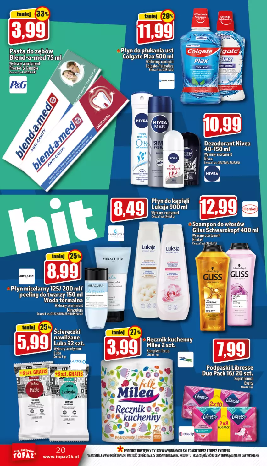 Gazetka promocyjna Topaz - Gazetka - ważna 29.09 do 05.10.2022 - strona 20 - produkty: Colgate, Dezodorant, LG, Luksja, Nivea, Noż, Palmolive, Peeling, Płyn do płukania, Płyn micelarny, Podpaski, Ręcznik, Ręcznik kuchenny, Schwarzkopf, Sok, Top, Woda