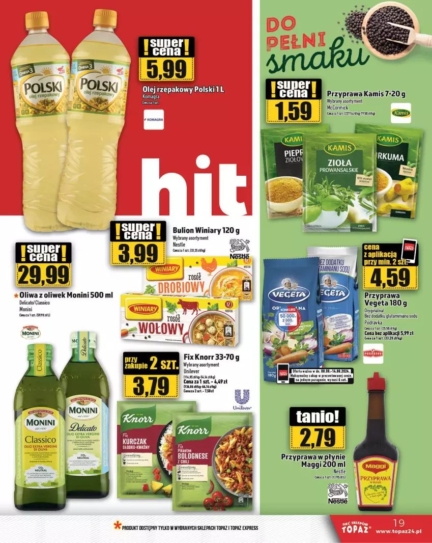 Gazetka promocyjna Topaz - Gazetka - ważna 08.08 do 14.08.2024 - strona 19 - produkty: Bulion, Gin, Gra, Kamis, Knorr, Lion, Maggi, Monini, Oliwa z oliwek, Podravka, Rosół, Top, Vegeta, Winiary