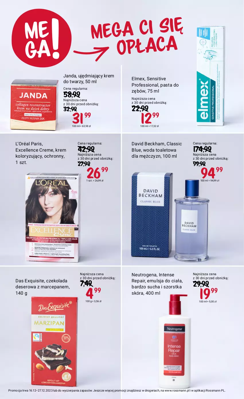 Gazetka promocyjna Rossmann - 16 grudnia - ważna 16.12 do 27.12.2023 - strona 4 - produkty: Czekolada, David Beckham, Deser, Elmex, Emulsja, Exquisite, Krem do twarzy, L’Oréal, Neutrogena, Pasta do zębów, Ser, Woda, Woda toaletowa