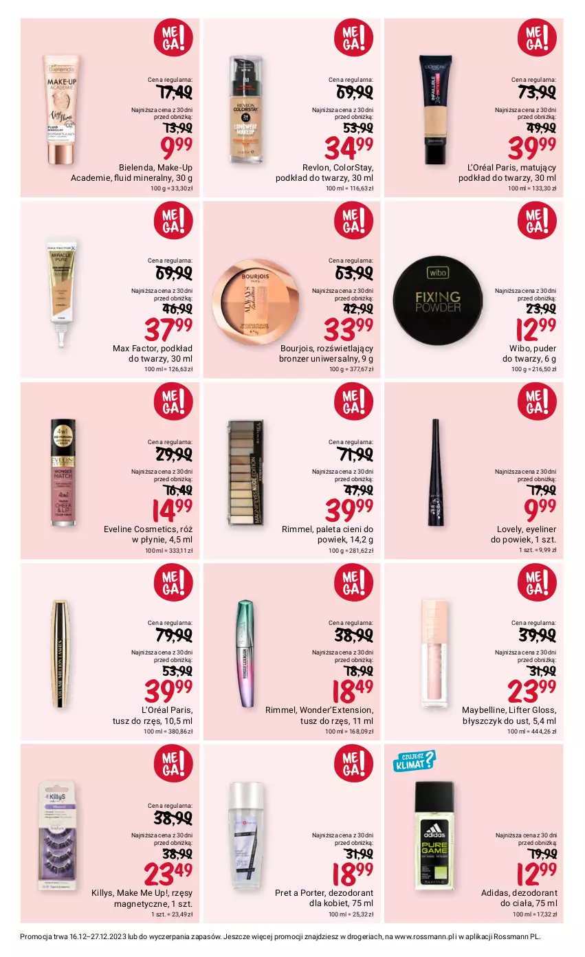 Gazetka promocyjna Rossmann - 16 grudnia - ważna 16.12 do 27.12.2023 - strona 6 - produkty: Adidas, Bell, Bielenda, Błyszczyk do ust, Bourjois, Bronzer, Dezodorant, Eveline, Fa, Killys, L’Oréal, Lovely, Max Factor, Maybelline, Paleta, Podkład, Podkład do twarzy, Por, Puder, Puder do twarzy, Revlon, Tusz, Wibo