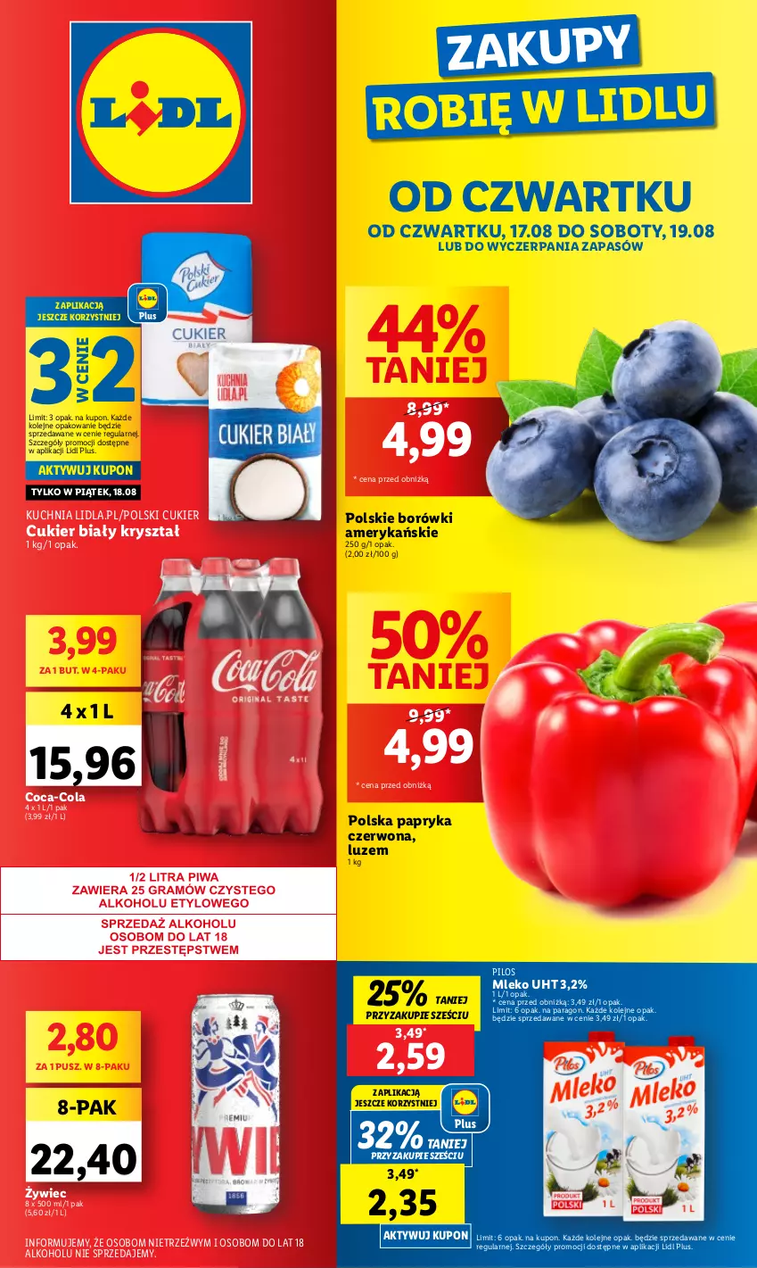 Gazetka promocyjna Lidl - GAZETKA - ważna 17.08 do 19.08.2023 - strona 1 - produkty: Coca-Cola, Cukier, Kuchnia, Mleko, Olej, Papryka, Papryka czerwona, Pilos