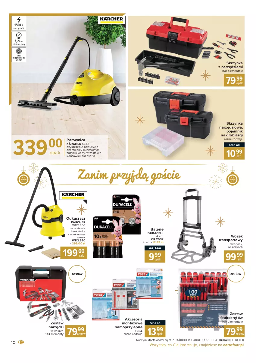 Gazetka promocyjna Carrefour - Gazetka Carrefour Prezenty - ważna 30.11 do 24.12.2021 - strona 10 - produkty: Choinka, Duracell, Inka, Kärcher, Mop, Odkurzacz, Parownica, Pojemnik, Por, Skrzynka narzędziowa, Sport, Tran, Wózek, Wózek transportowy, Zestaw narzędzi