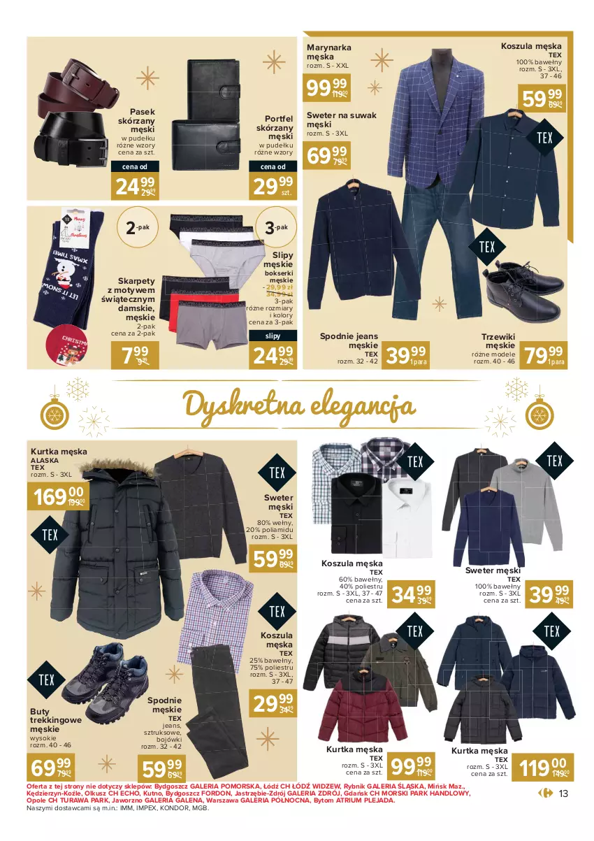 Gazetka promocyjna Carrefour - Gazetka Carrefour Prezenty - ważna 30.11 do 24.12.2021 - strona 13 - produkty: Bokserki, Buty, Karp, Kosz, Koszula, Kret, Kurtka, Pasek, Por, Ser, Slipy, Sok, Spodnie, Spodnie jeans, Sweter