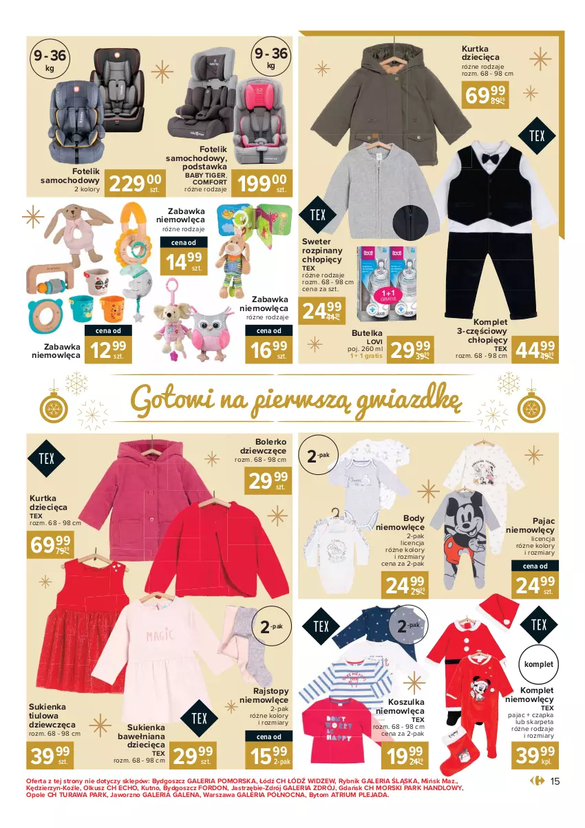 Gazetka promocyjna Carrefour - Gazetka Carrefour Prezenty - ważna 30.11 do 24.12.2021 - strona 15 - produkty: Body, Bolerko, Czapka, Dzieci, Fotel, Fotelik, Fotelik samochodowy, Gra, Karp, Kosz, Koszulka, Kurtka, Kurtka dziecięca, Lovi, Pajac, Rajstopy, Sukienka, Sweter, Tiger, Top, Zabawka