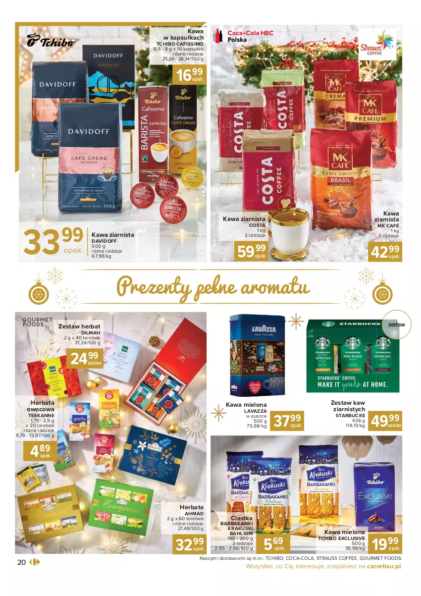 Gazetka promocyjna Carrefour - Gazetka Carrefour Prezenty - ważna 30.11 do 24.12.2021 - strona 20 - produkty: Cafissimo, Choinka, Ciastka, Coca-Cola, Davidoff, Dilmah, Herbata, Herbata owocowa, Inka, Kawa, Kawa mielona, Kawa ziarnista, Krakus, Krakuski, Lavazza, Tchibo, Teekanne