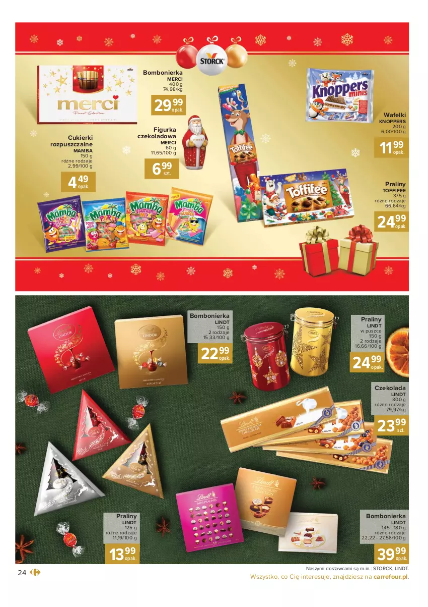 Gazetka promocyjna Carrefour - Gazetka Carrefour Prezenty - ważna 30.11 do 24.12.2021 - strona 24 - produkty: Cukier, Cukierki, Czekolada, Knoppers, Lindt, Mamba, Merci, Praliny, Toffifee