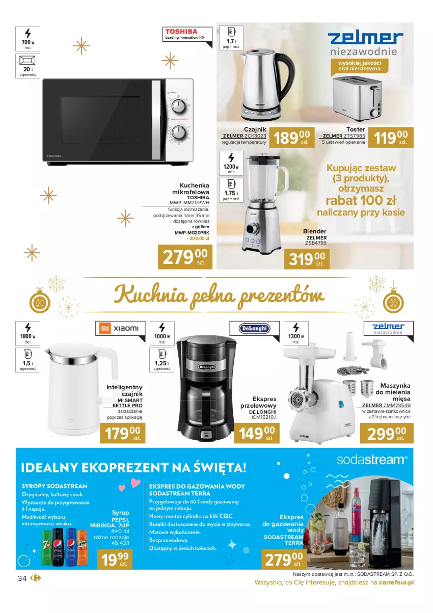 Gazetka promocyjna Carrefour - Gazetka Carrefour Prezenty - ważna 30.11 do 24.12.2021 - strona 34 - produkty: 7up, Blender, Czajnik, Ekspres przelewowy, Fa, Grill, Intel, Kuchenka mikrofalowa, Kuchnia, Maszynka, Maszynka do mielenia, Mirinda, Pepsi, Sok, Syrop, Szatkownica, Szynka, Toshiba, Toster, Zelmer