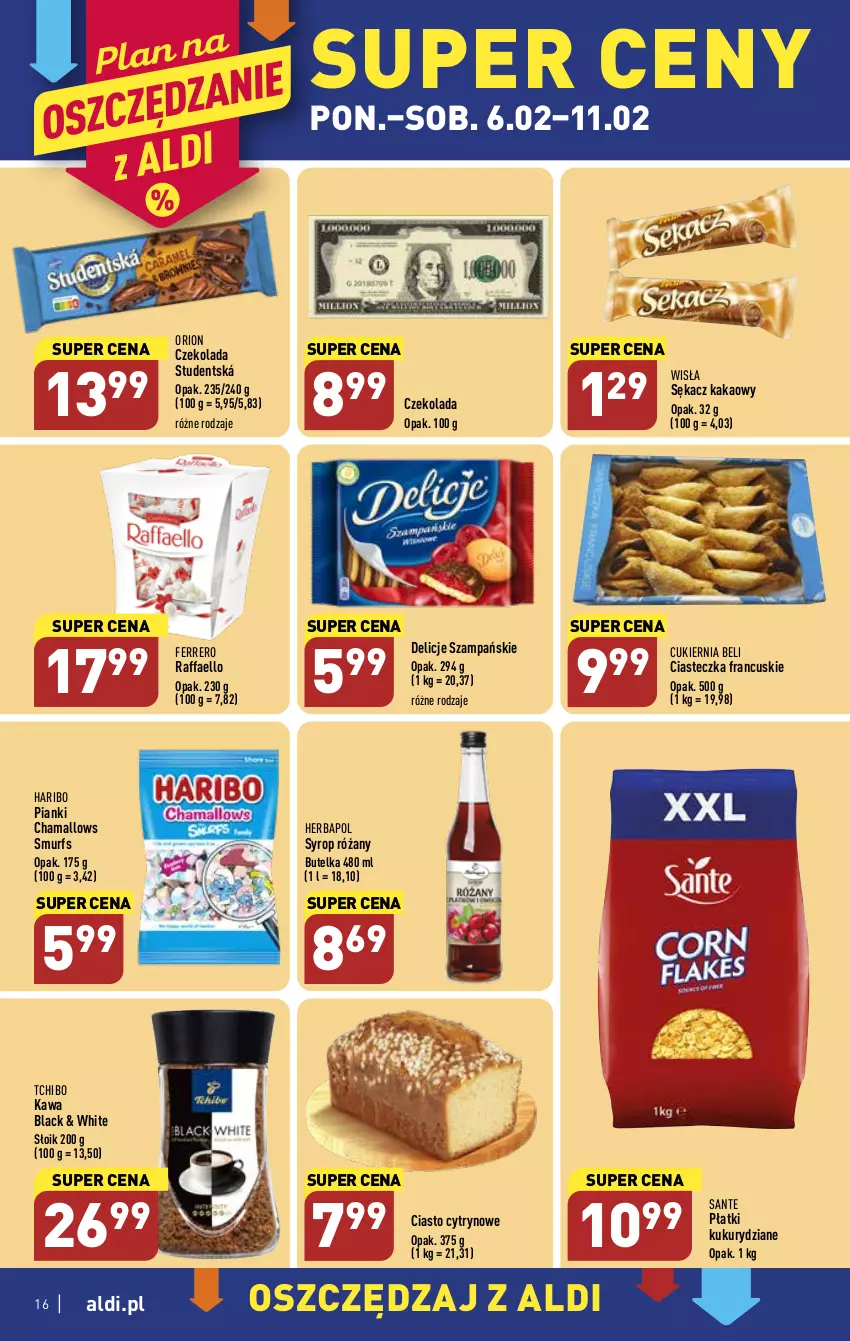 Gazetka promocyjna Aldi - Pełny katalog - ważna 06.02 do 11.02.2023 - strona 16 - produkty: Cukier, Czekolada, Delicje, Fa, Ferrero, Hama, Haribo, Herbapol, Kakao, Kawa, Lack, Raffaello, Róża, Sante, Sękacz, Syrop, Tchibo