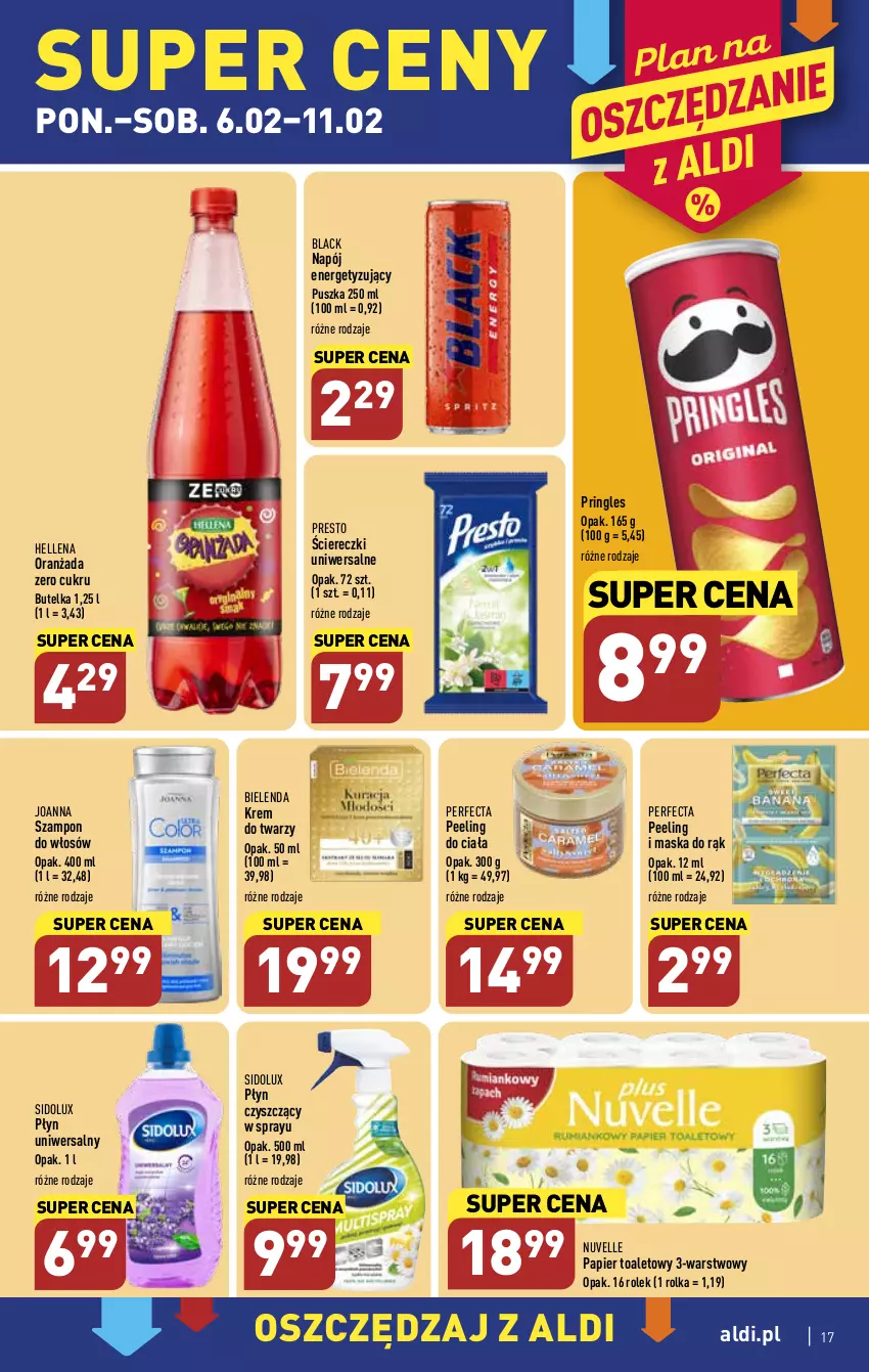 Gazetka promocyjna Aldi - Pełny katalog - ważna 06.02 do 11.02.2023 - strona 17 - produkty: Bielenda, Hellena, Joanna, Krem do twarzy, Lack, Maska, Napój, Oranżada, Papier, Papier toaletowy, Peeling, Perfecta, Presto, Pringles, Sidolux, Szampon