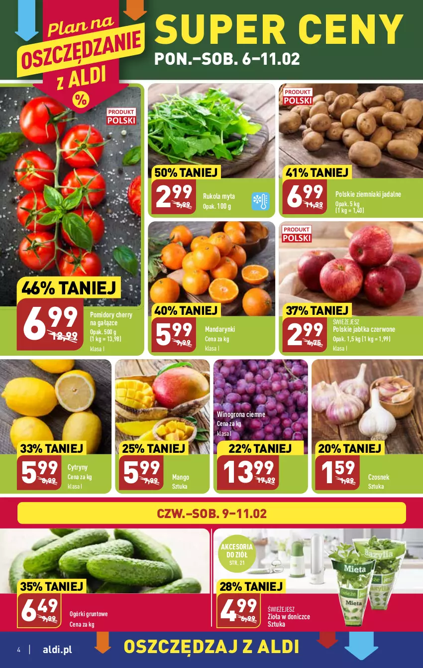 Gazetka promocyjna Aldi - Pełny katalog - ważna 06.02 do 11.02.2023 - strona 4 - produkty: Cytryny, Czosnek, Grunt, Jabłka, Mandarynki, Mango, Pomidory, Rukola, Wino, Winogrona, Ziemniaki, Zioła w doniczce