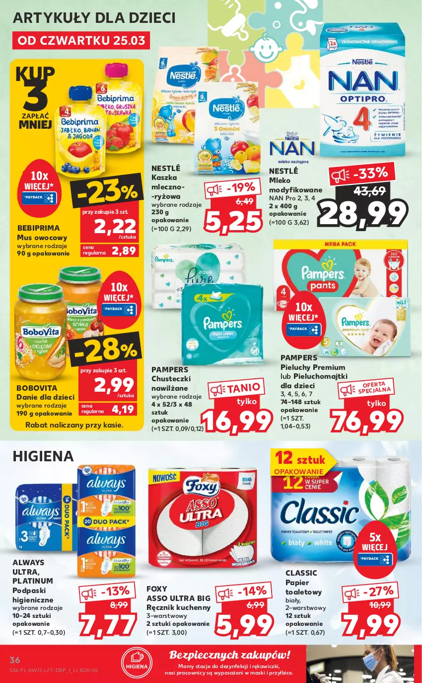 Gazetka promocyjna Kaufland - OFERTA TYGODNIA - ważna 25.03 do 30.03.2021 - strona 36 - produkty: Always, Always Ultra, Bebiprima, BIC, BoboVita, Chusteczki, Danie dla dzieci, Dzieci, Foxy, Majtki, Mleko, Mleko modyfikowane, Mus, Nestlé, Pampers, Papier, Papier toaletowy, Piec, Pieluchomajtki, Pieluchy, Podpaski, Prima, Ręcznik, Ręcznik kuchenny, Ryż