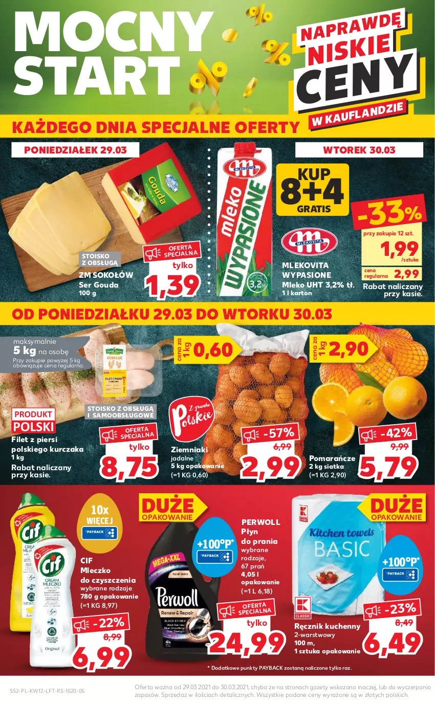 Gazetka promocyjna Kaufland - OFERTA TYGODNIA - ważna 25.03 do 30.03.2021 - strona 52 - produkty: Cif, Gouda, Gra, Kurczak, Mleczko, Mleko, Mlekovita, Perwoll, Pomarańcze, Ręcznik, Ręcznik kuchenny, Ser, Siatka, Sok, Sokołów, Ziemniaki