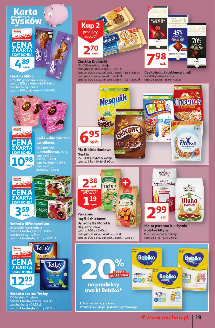 Gazetka promocyjna Auchan - Hiperoszczędzanie z markami Auchan Hipermarkety - ważna 30.09 do 06.10.2021 - strona 19 - produkty: Bruschette, Chleb, Ciastka, Czekolada, Danio, Fa, Herbata, Krakus, Krakuski, Lack, Lindt, Mąka, Mąka pszenna, Piec, Polskie Młyny