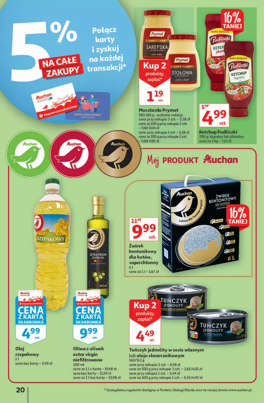 Gazetka promocyjna Auchan - Hiperoszczędzanie z markami Auchan Hipermarkety - ważna 30.09 do 06.10.2021 - strona 20 - produkty: Gin, Ketchup, Mus, Musztarda, Olej, Olej rzepakowy, Oliwa z oliwek, Prymat, Pudliszki, Sos, Tuńczyk