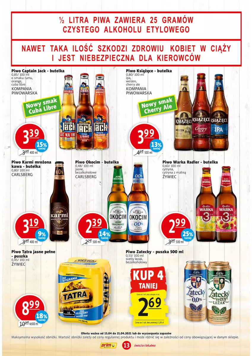 Gazetka promocyjna Prim Market - Gazetka - ważna 15.04 do 21.04.2021 - strona 13 - produkty: Captain Jack, Carlsberg, Gra, Karmi, Kawa, Koc, Książęce, Okocim, Piec, Piwa, Piwo, Radler, Rum, Sok, Tatra, Warka