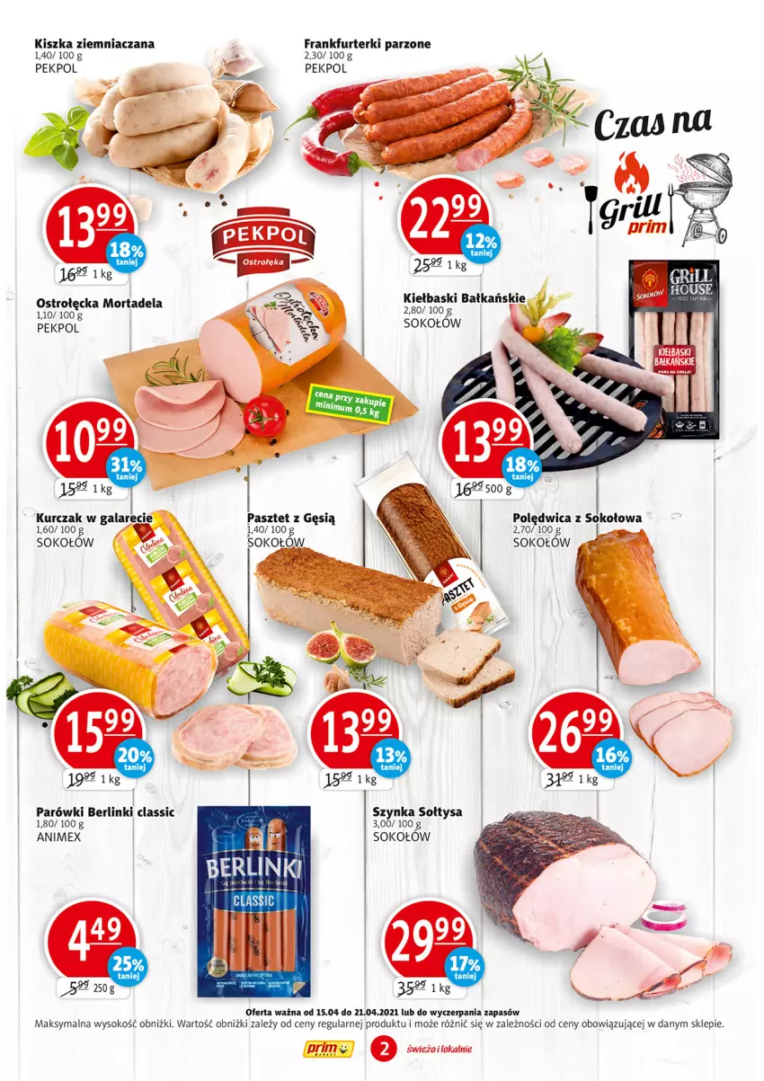 Gazetka promocyjna Prim Market - Gazetka - ważna 15.04 do 21.04.2021 - strona 2 - produkty: Berlinki, Frankfurterki, Gala, Kurczak, Parówki, Pasztet, Pekpol, Sok, Sokołów, Szynka