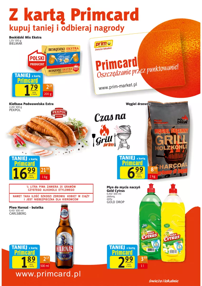 Gazetka promocyjna Prim Market - Gazetka - ważna 15.04 do 21.04.2021 - strona 6 - produkty: Beskidzki, Carlsberg, Do mycia naczyń, Harnaś, Kiełbasa, Kiełbasa podwawelska, Pekpol, Piwo, Płyn do mycia, Płyn do mycia naczyń, Wawel, Węgiel drzewny