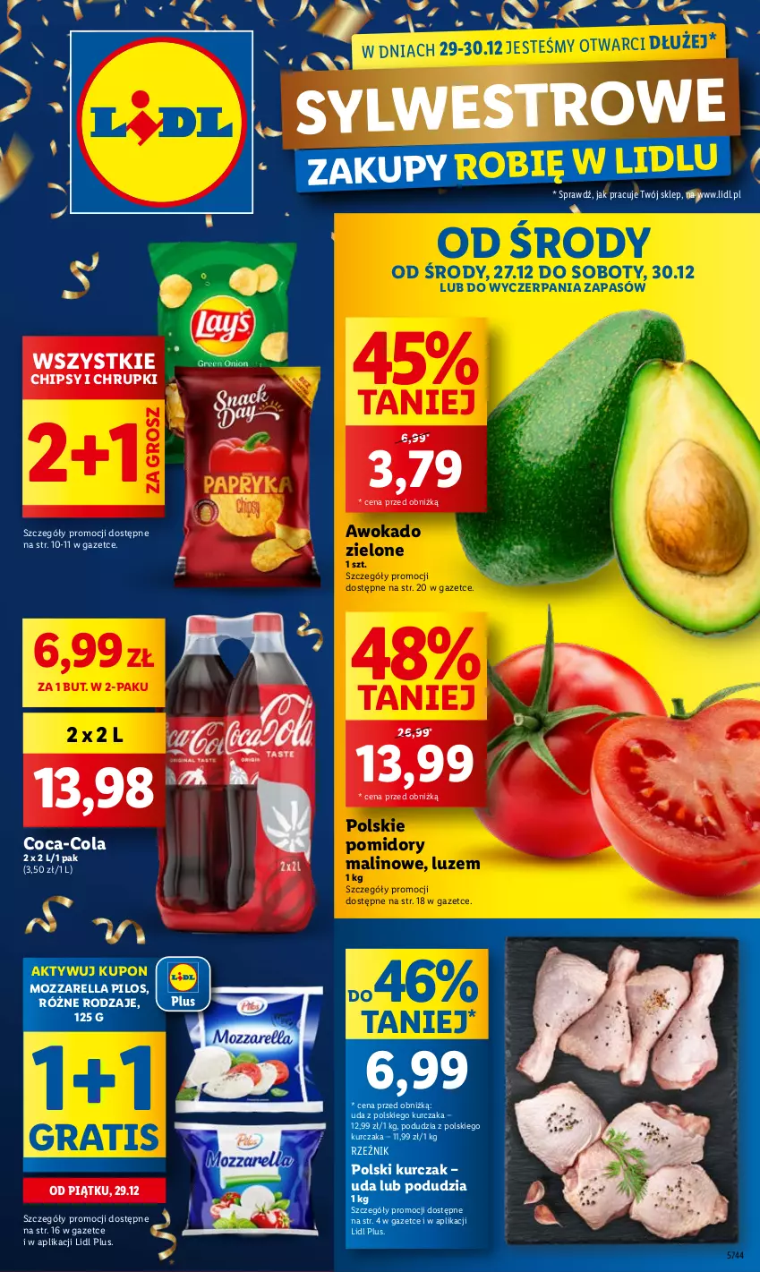 Gazetka promocyjna Lidl - GAZETKA - ważna 27.12 do 30.12.2023 - strona 1 - produkty: Chipsy, Chrupki, Coca-Cola, Gra, Kurczak, Mozzarella, Pilos, Pomidory