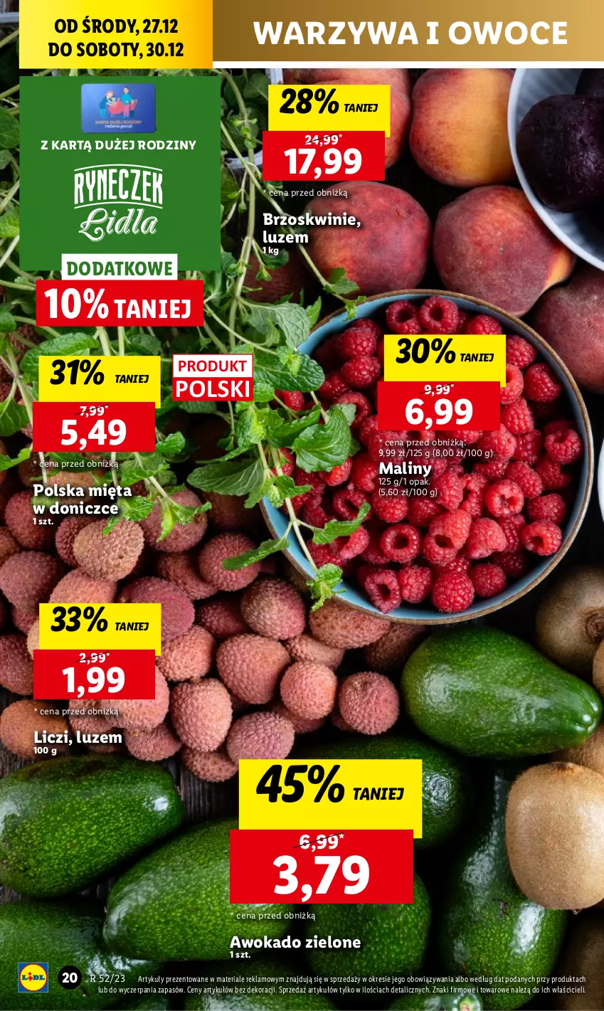 Gazetka promocyjna Lidl - GAZETKA - ważna 27.12 do 30.12.2023 - strona 20 - produkty: Brzoskwinie, Chleb, Liczi, Maliny, Mięta, Owoce, Ser, Warzywa, Warzywa i owoce