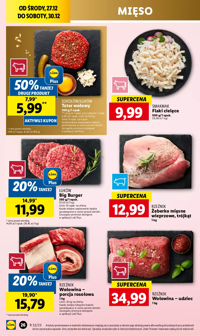 Gazetka promocyjna Lidl - GAZETKA - ważna 27.12 do 30.12.2023 - strona 26 - produkty: Burger, Flaki, Gra, Mięso, Olej, Por, Sok, Sokołów, Tatar wołowy, Wołowina