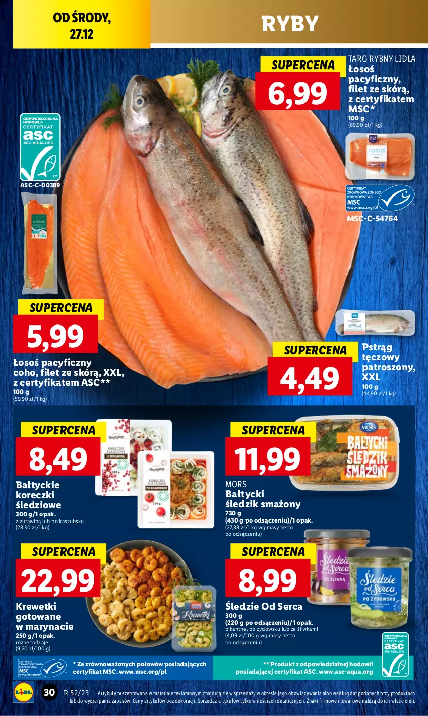 Gazetka promocyjna Lidl - GAZETKA - ważna 27.12 do 30.12.2023 - strona 30 - produkty: Koreczki śledziowe, Krewetki, Pstrąg, Pstrąg tęczowy, Ser