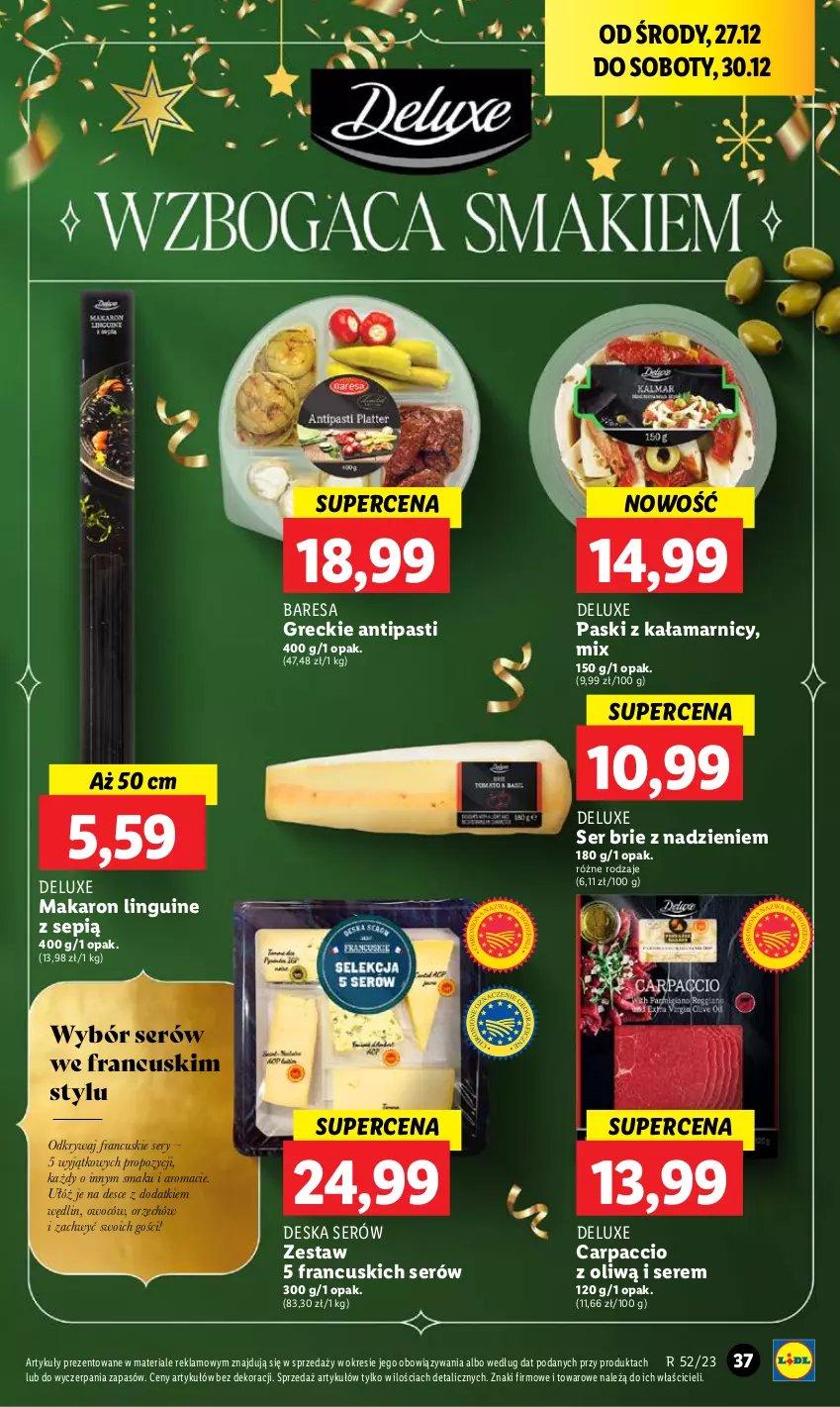 Gazetka promocyjna Lidl - GAZETKA - ważna 27.12 do 30.12.2023 - strona 37 - produkty: Brie, Carpaccio, Deska serów, Makaron, Ser