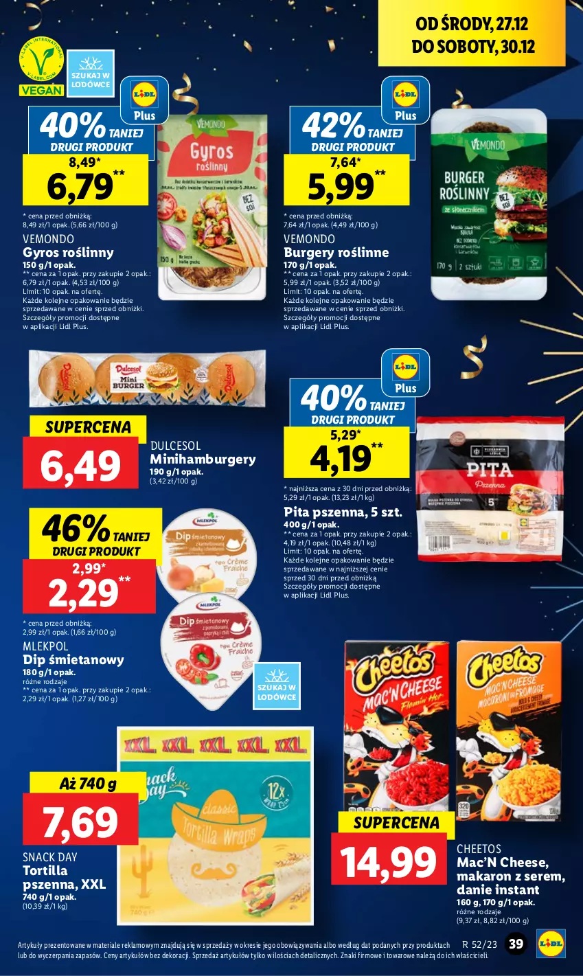 Gazetka promocyjna Lidl - GAZETKA - ważna 27.12 do 30.12.2023 - strona 39 - produkty: Burger, Cheetos, Gyros, Hamburger, Makaron, Olej, Roślinny burger, Ser, Tortilla