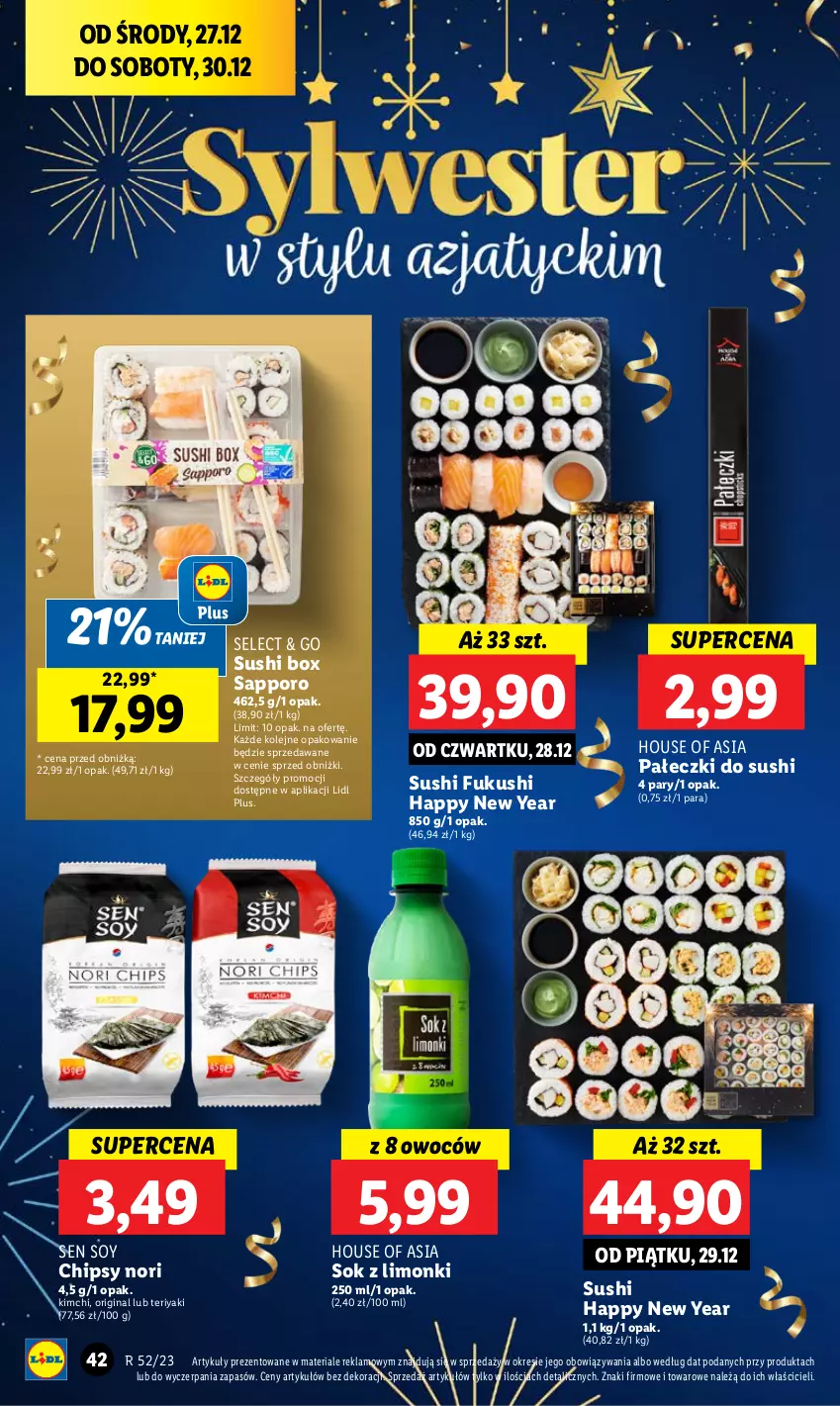 Gazetka promocyjna Lidl - GAZETKA - ważna 27.12 do 30.12.2023 - strona 42 - produkty: Chipsy, Gin, House of Asia, Olej, Por, Sok, Sushi