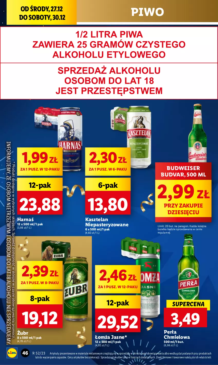 Gazetka promocyjna Lidl - GAZETKA - ważna 27.12 do 30.12.2023 - strona 46 - produkty: Harnaś, Kasztelan, Olej, Perła, Piwo, Ser