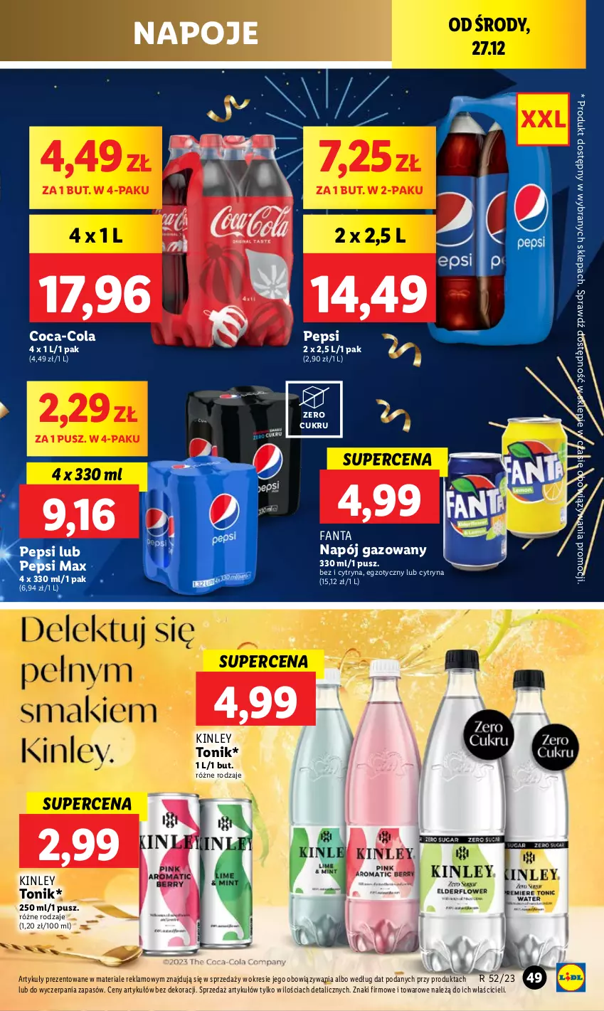 Gazetka promocyjna Lidl - GAZETKA - ważna 27.12 do 30.12.2023 - strona 49 - produkty: Coca-Cola, Fa, Fanta, Napój, Napój gazowany, Napoje, Pepsi, Pepsi max, Tonik