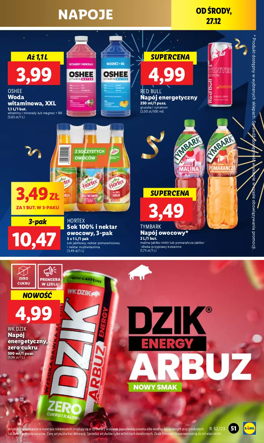 Gazetka promocyjna Lidl - GAZETKA - ważna 27.12 do 30.12.2023 - strona 51 - produkty: Hortex, Imbir, Magnez, Napój, Napój energetyczny, Napoje, Nektar, Oshee, Przyprawy, Red Bull, Sok, Sok jabłkowy, Tymbark, Woda