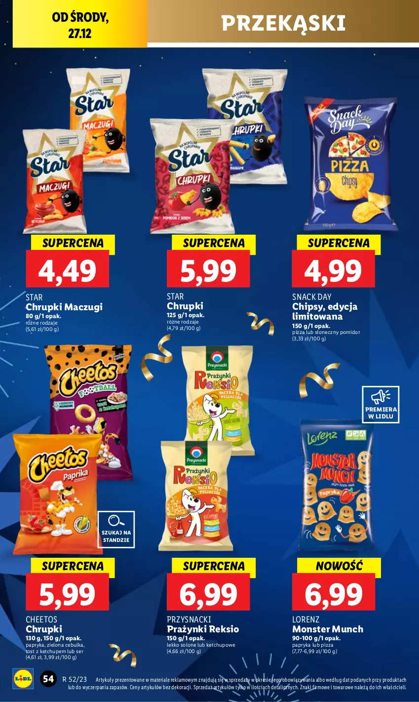 Gazetka promocyjna Lidl - GAZETKA - ważna 27.12 do 30.12.2023 - strona 54 - produkty: Cheetos, Chipsy, Chrupki, Ketchup, Lorenz, Monster Munch, Papryka, Pizza, Przysnacki, Ser