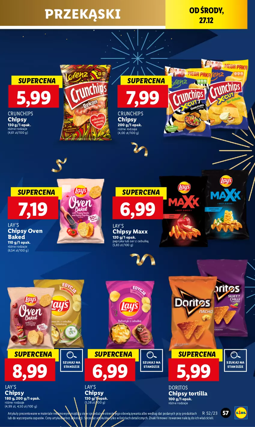 Gazetka promocyjna Lidl - GAZETKA - ważna 27.12 do 30.12.2023 - strona 57 - produkty: Chipsy, Crunchips, Lay’s, Papryka, Ser, Tortilla