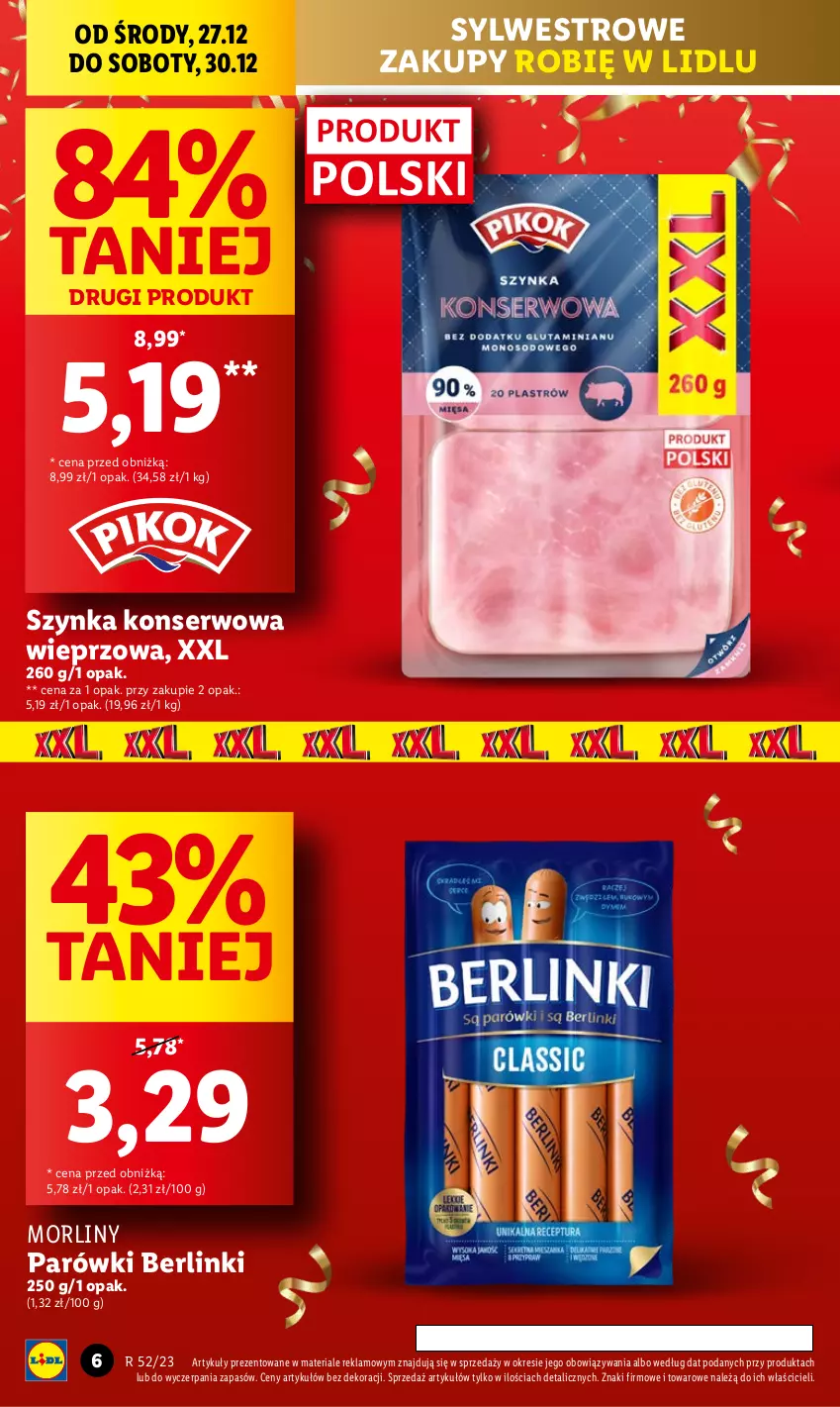 Gazetka promocyjna Lidl - GAZETKA - ważna 27.12 do 30.12.2023 - strona 6 - produkty: Berlinki, Morliny, Parówki, Ser, Szynka, Szynka konserwowa