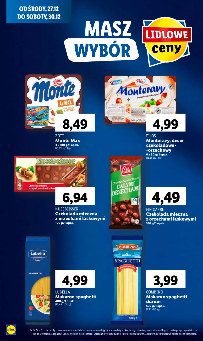 Gazetka promocyjna Lidl - GAZETKA - ważna 27.12 do 30.12.2023 - strona 62 - produkty: Bell, Bella, Czekolada, Czekolada mleczna, Deser, Lubella, Makaron, Monte, Pilos, Rum, Ser, Spaghetti, Tera, Zott