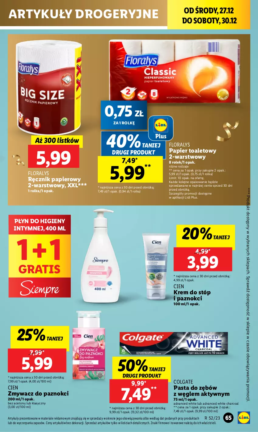 Gazetka promocyjna Lidl - GAZETKA - ważna 27.12 do 30.12.2023 - strona 67 - produkty: Colgate, Flora, Gra, Krem do stóp, LG, Olej, Papier, Papier toaletowy, Pasta do zębów, Płyn do higieny intymnej, Ręcznik, Zmywacz do paznokci