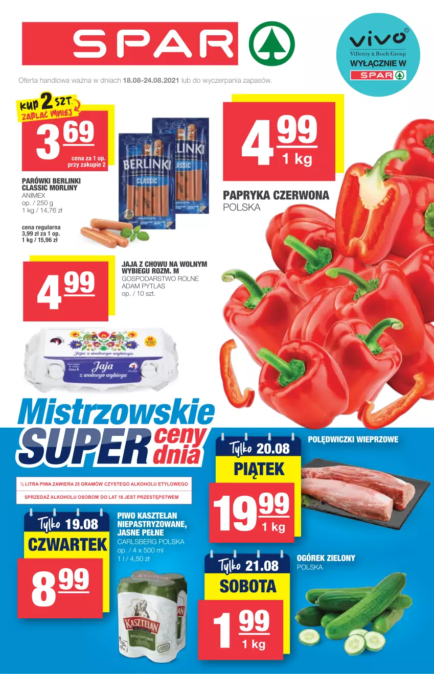 Gazetka promocyjna Spar - Eurospar - ważna 18.08 do 24.08.2021 - strona 1 - produkty: Berlinki, Carlsberg, Jaja, Morliny, Ogórek, Papryka, Papryka czerwona