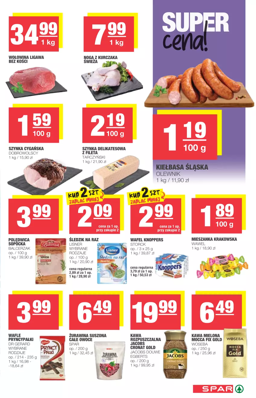 Gazetka promocyjna Spar - Eurospar - ważna 18.08 do 24.08.2021 - strona 3 - produkty: Dr Gerard, Jacobs, Kawa, Kawa mielona, Knoppers, Kurczak, Lisner, Mocca Fix Gold, Olewnik, Owoce, Polędwica, Szynka, Szynka cygańska, Szynka delikatesowa, Tarczyński, Wafle, Wawel, Wołowina, Woseba