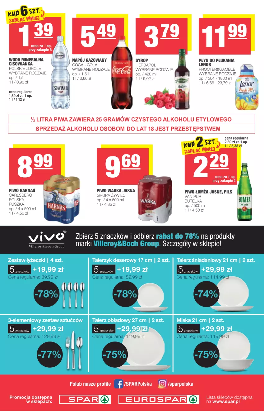 Gazetka promocyjna Spar - Eurospar - ważna 18.08 do 24.08.2021 - strona 4 - produkty: Carlsberg, Cisowianka, Gra, Herbapol, Lenor, Napój, Napój gazowany, Piwa, Piwo, Płyn do płukania, Pur, Syrop, Warka, Woda, Woda mineralna