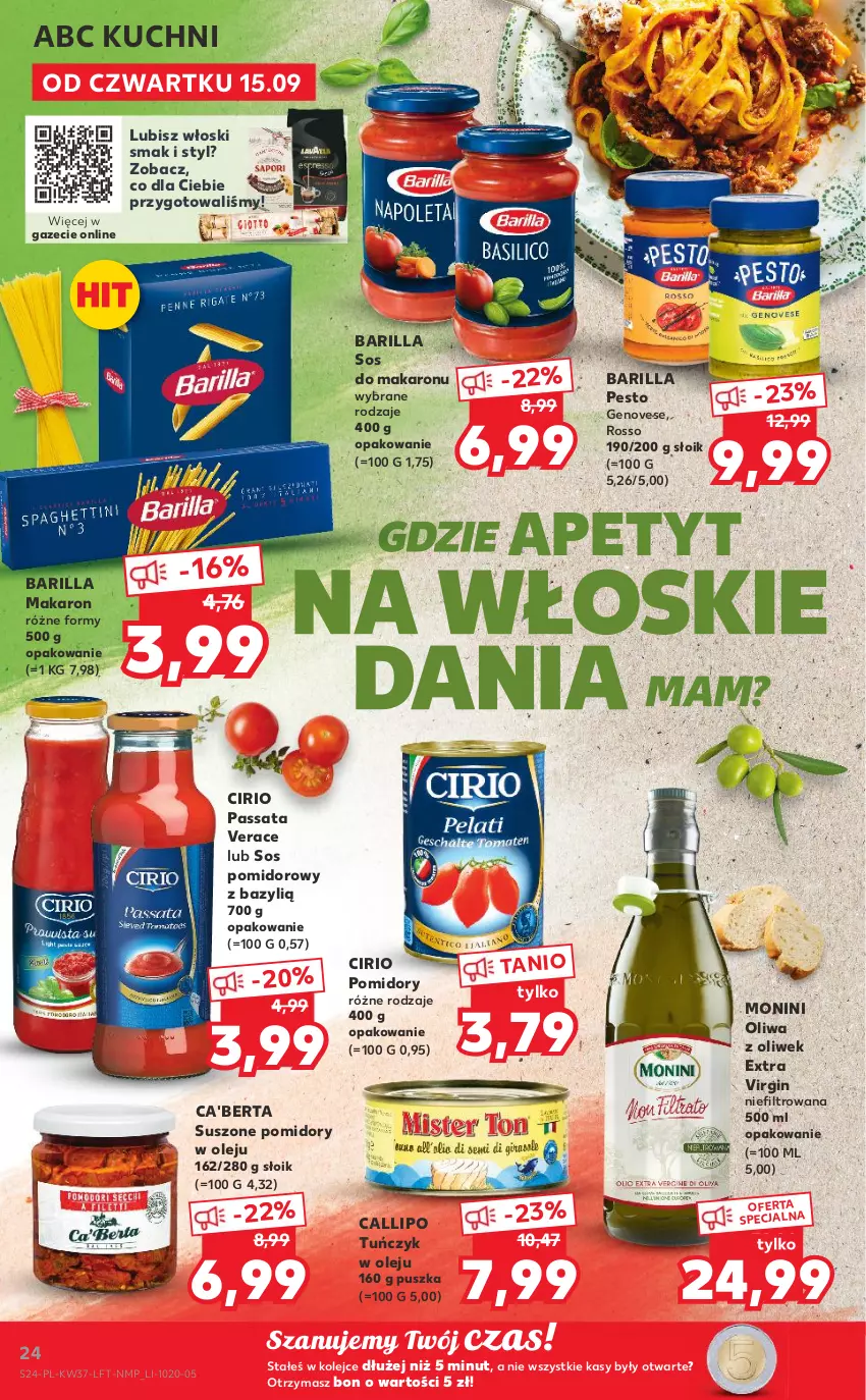 Gazetka promocyjna Kaufland - OFERTA TYGODNIA - ważna 15.09 do 21.09.2022 - strona 24 - produkty: Barilla, Bazyl, Gin, Makaron, Monini, Olej, Oliwa z oliwek, Pesto, Pomidory, Sos, Sos do makaronu, Sos pomidorowy, Suszone pomidory, Tuńczyk