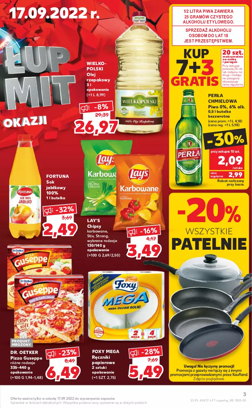 Gazetka promocyjna Kaufland - OFERTA TYGODNIA - ważna 15.09 do 21.09.2022 - strona 3 - produkty: Chipsy, Dr. Oetker, Fortuna, Foxy, Gra, Olej, Olej rzepakowy, Papier, Perła, Piwa, Piwo, Pizza, Ręcznik, Ręczniki papierowe, Sok, Sok jabłkowy, Waga