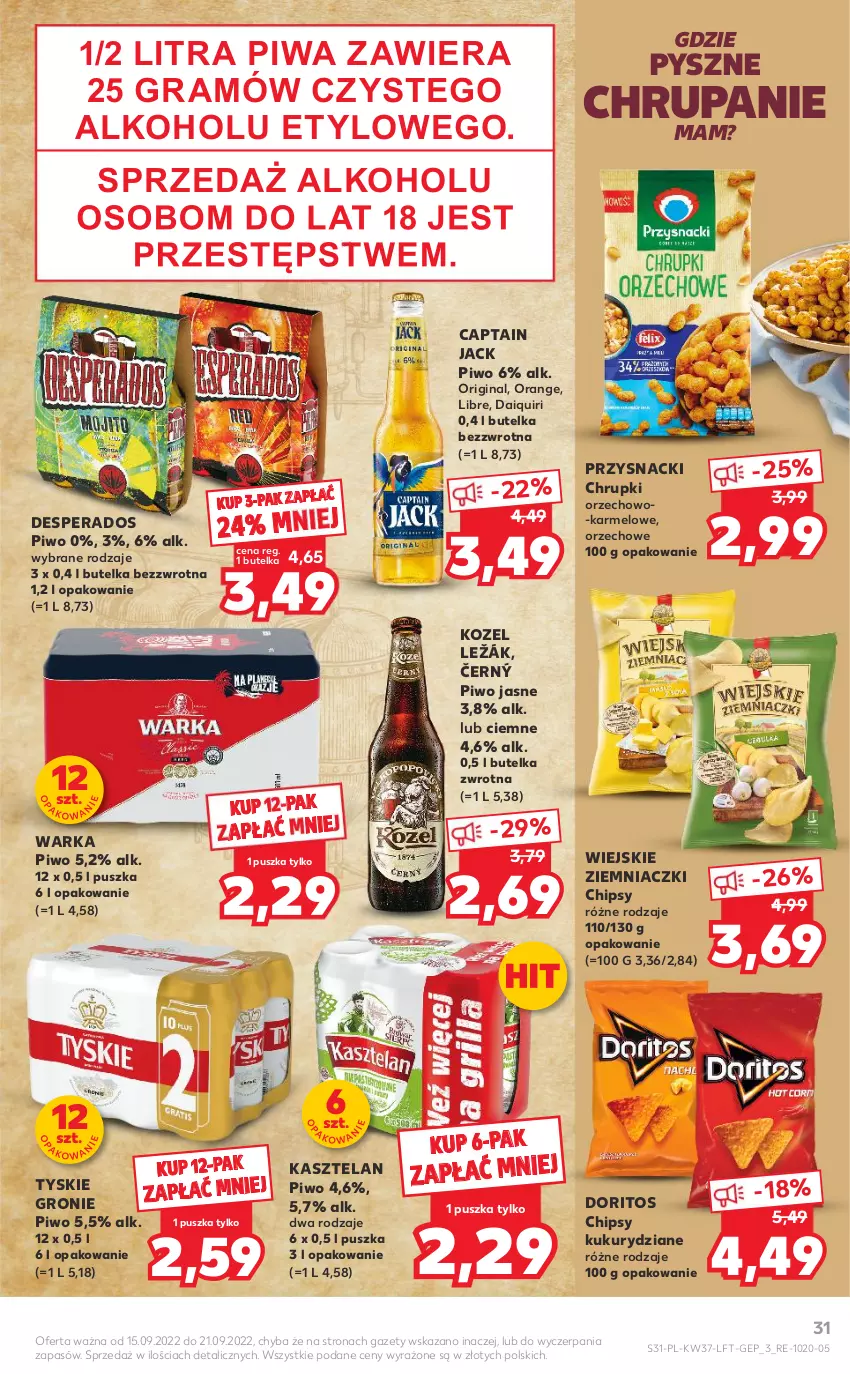 Gazetka promocyjna Kaufland - OFERTA TYGODNIA - ważna 15.09 do 21.09.2022 - strona 31 - produkty: Captain Jack, Chipsy, Chrupki, Desperados, Gin, Gra, Kasztelan, Kozel, Piwa, Piwo, Piwo jasne, Przysnacki, Tyskie, Warka