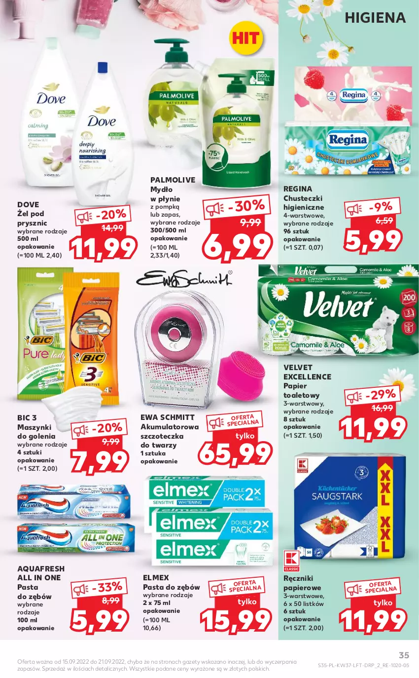 Gazetka promocyjna Kaufland - OFERTA TYGODNIA - ważna 15.09 do 21.09.2022 - strona 35 - produkty: Akumulator, Aquafresh, BIC, Chusteczki, Dove, Elmex, Ewa Schmitt, Gin, Mydło, Mydło w płynie, Palmolive, Papier, Papier toaletowy, Pasta do zębów, Ręcznik, Ręczniki papierowe, Szczoteczka, Velvet