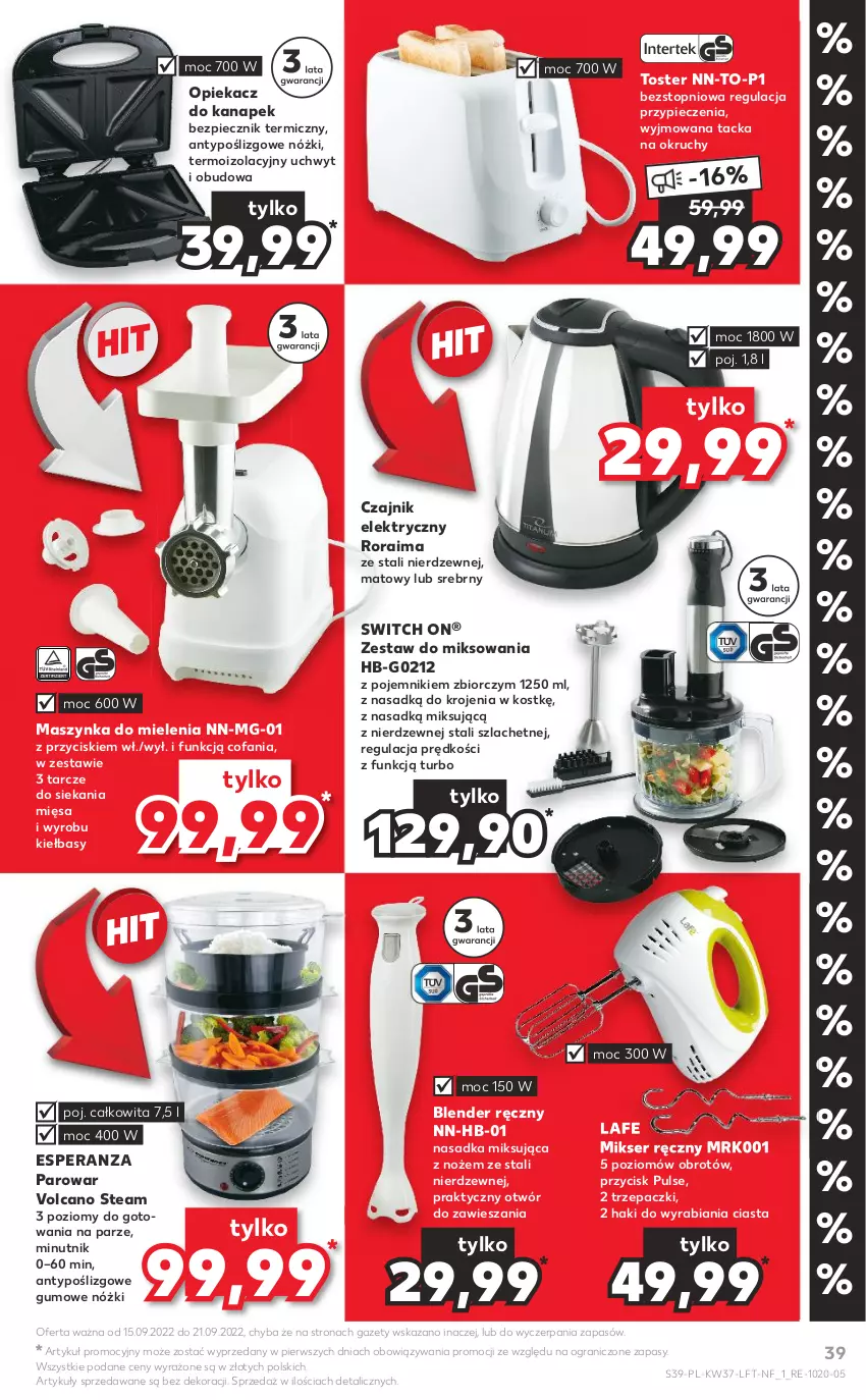 Gazetka promocyjna Kaufland - OFERTA TYGODNIA - ważna 15.09 do 21.09.2022 - strona 39 - produkty: Blender, Blender ręczny, Czajnik, Czajnik elektryczny, Fa, Gra, Maszynka, Maszynka do mielenia, Mikser, Mikser ręczny, Noż, O nas, Opiekacz do kanapek, Piec, Pojemnik, Ser, Szynka, Top, Toster