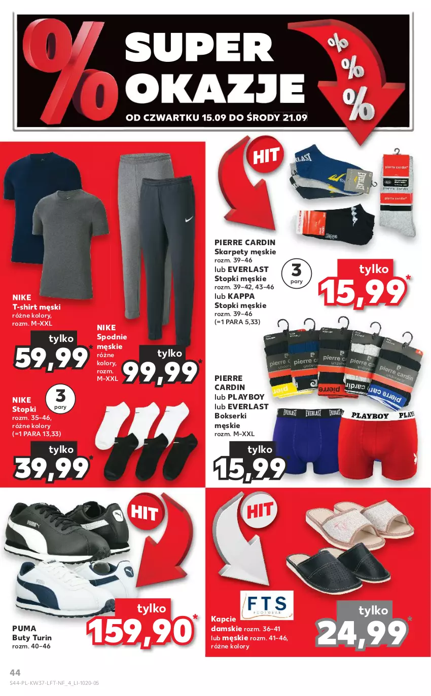 Gazetka promocyjna Kaufland - OFERTA TYGODNIA - ważna 15.09 do 21.09.2022 - strona 44 - produkty: Bokserki, Buty, Kapcie, Karp, Nike, Pierre Cardin, Puma, Ser, Spodnie, T-shirt, Top