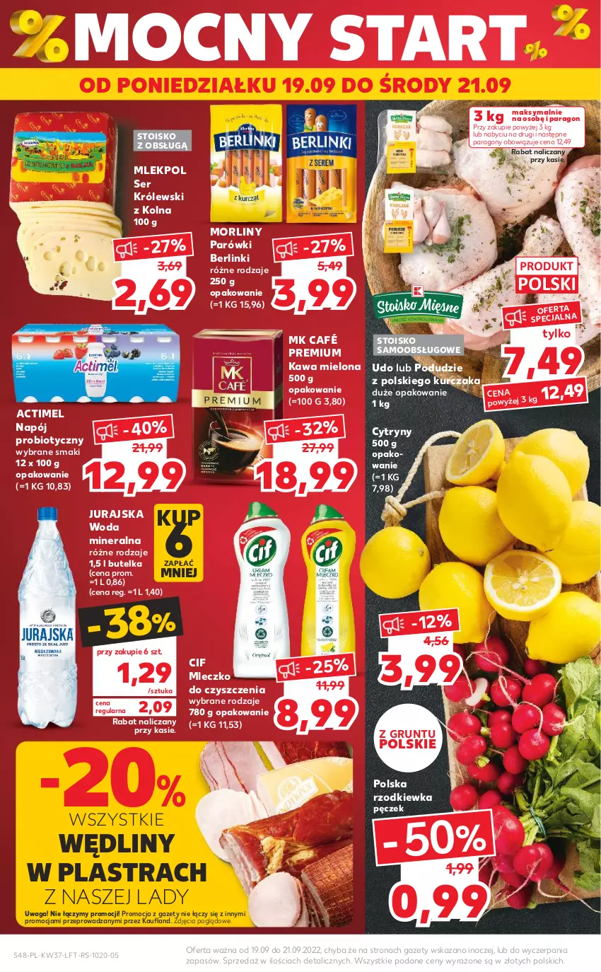 Gazetka promocyjna Kaufland - OFERTA TYGODNIA - ważna 15.09 do 21.09.2022 - strona 48 - produkty: Actimel, Berlinki, Cif, Cytryny, Grunt, Kawa, Kawa mielona, Królewski, Kurczak, Mleczko, Morliny, Napój, Parówki, Rzodkiewka, Ser, Waga, Woda, Woda mineralna